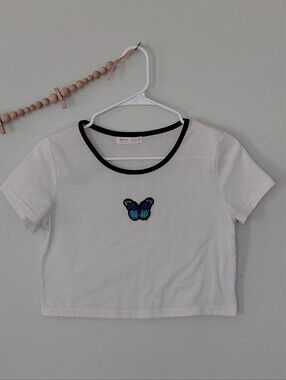 Y2K White Cropped Butterfly Ringer Short Sleeve T-shirt Size M